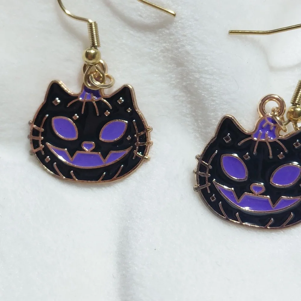 Women's Unbranded Black Purple Halloween Cat Pumpkin Dangle Earrings One Size